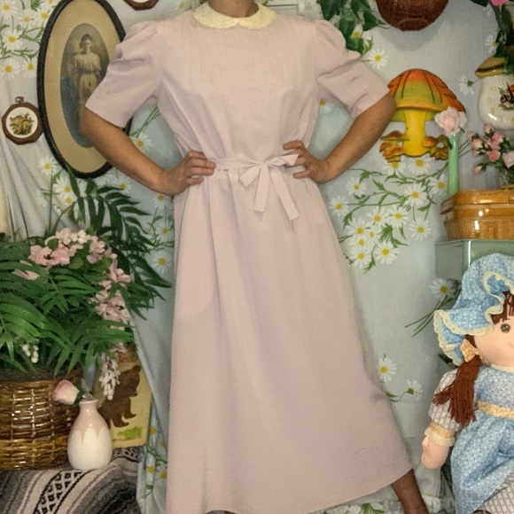 70s DVF pastel purple lace collar puff sleeve midi - Picture 3 of 10